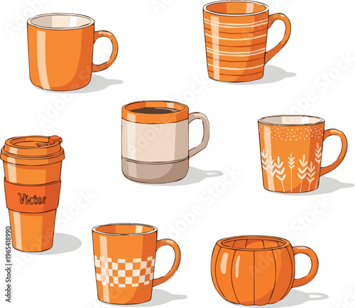 Create a realistic kinds of deferent Orange mug vector art with white background.