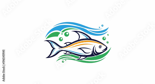 Stylized fish swims through colorful abstract waves and bubbles