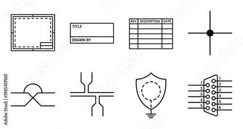 Electronic engineering technical documentation icons for schematic design and industrial blueprinting