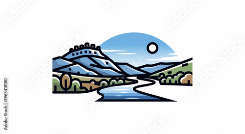 Stylized mountain, river, and sun landscape with castle ruins