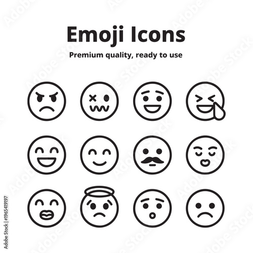 Collection of black and white line art emoji icons displaying various emotions
