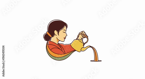 Stylized woman pours beverage from a teapot, creating a cascade