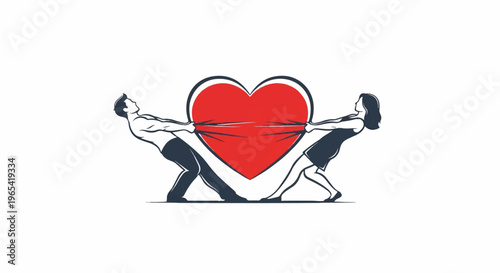 Two figures pull a heart shape, stretching it thin
