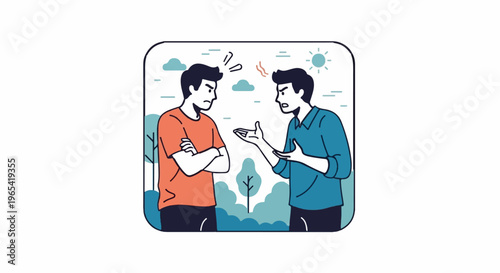 Two men arguing outdoors with stylized trees, clouds, and sun