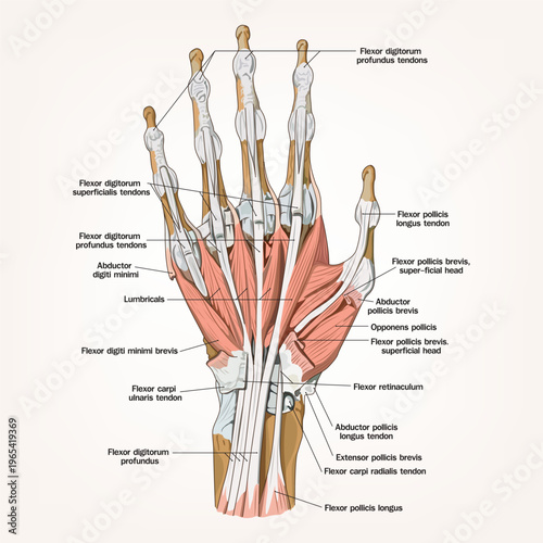 Detailed anatomical illustration of human hand muscles and tendons, labeled with flexor and intrinsic structures, ideal for medical, educational, and scientific use.