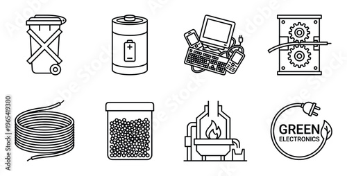 Electronics recycling and sustainable energy icons with waste bin battery furnace and green logo art