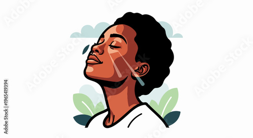 Woman with eyes closed tilted upwards, skin care elements