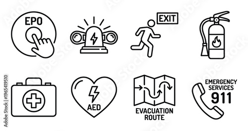 Emergency and safety equipment icons for first aid and evacuation plans