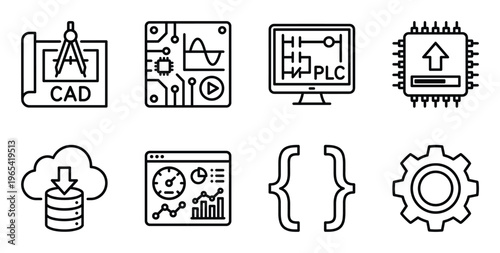 Engineering and technology icons cad software plc control and data visualization