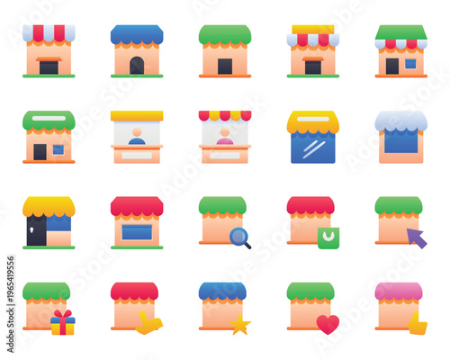 Gradient color icons set for Shop, store, market