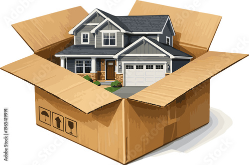 Create a realistic New house in the cardboard box vector art with white background..