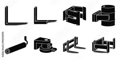 Forklift parts and warehouse equipment icons for loading lifting and material handling in logistics