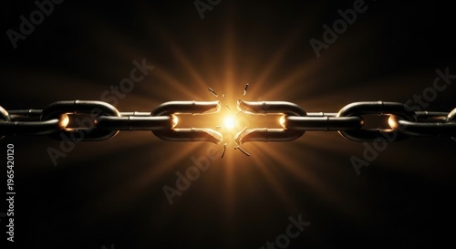A broken chain link with a shining light in the background