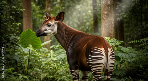 Captivating okapi in its natural habitat a close up of the striped mammal surrounded by lush foliage and dappled sunlight in the forest