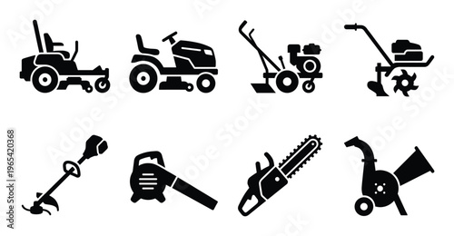 Garden tools set includes lawn mower, riding mower, rototiller, and various hand-held equipment