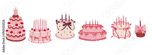 Pink cakes and pastries, whimsical girly sweets in coquette style. Cakes for weddings, birthdays, and Valentine's Day. Retro cakes with cherries, strawberries, and chocolate