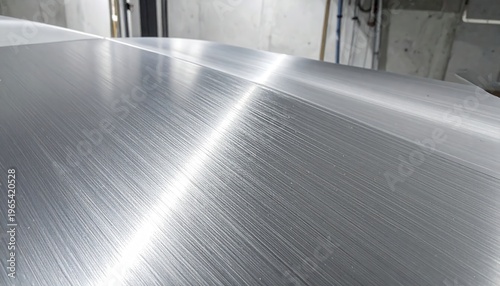 Texture détaillée d'une plaque d'aluminium brossé montrant des reflets de lumière sur une surface métallique grise dans un atelier industriel.