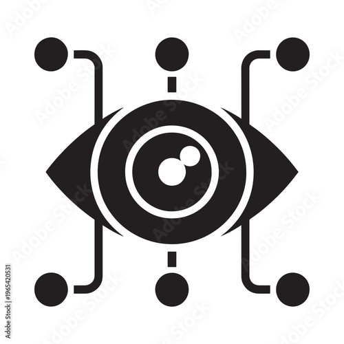 A stylized black eye icon with connecting nodes representing surveillance