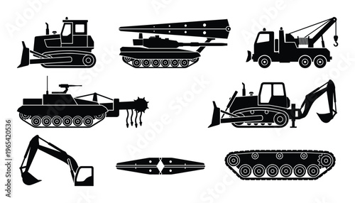 Heavy construction and military vehicles set including bulldozers, tanks, and excavators