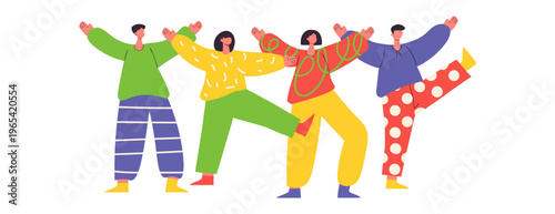 Colorful abstract illustration of diverse happy people dancing together, celebrating unity, friendship, freedom, joy and creativity in a playful modern vector flat design style tone