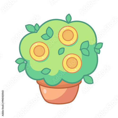 Cute coin bush, money tree growing in pot. Vector icon for wealth themes, children's games, and finance illustrations