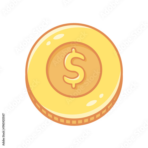 Gold coin with dollar sign. Symbol of wealth on white background. Icon for kawaii games, financial services