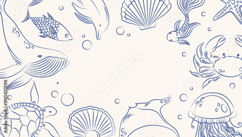 Hand drawn background with sea animals. Vintage sea background, underwater life, ocean or sea bottom. Vector template for design
