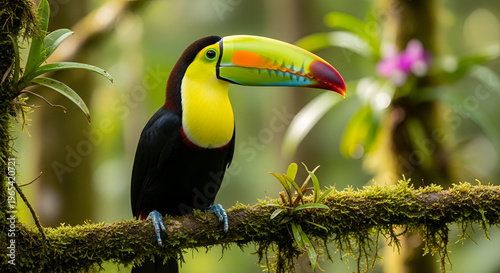Chestnut-mandibled toucan perched on mossy branch in lush rainforest setting vibrant tropical bird with colorful beak in nature