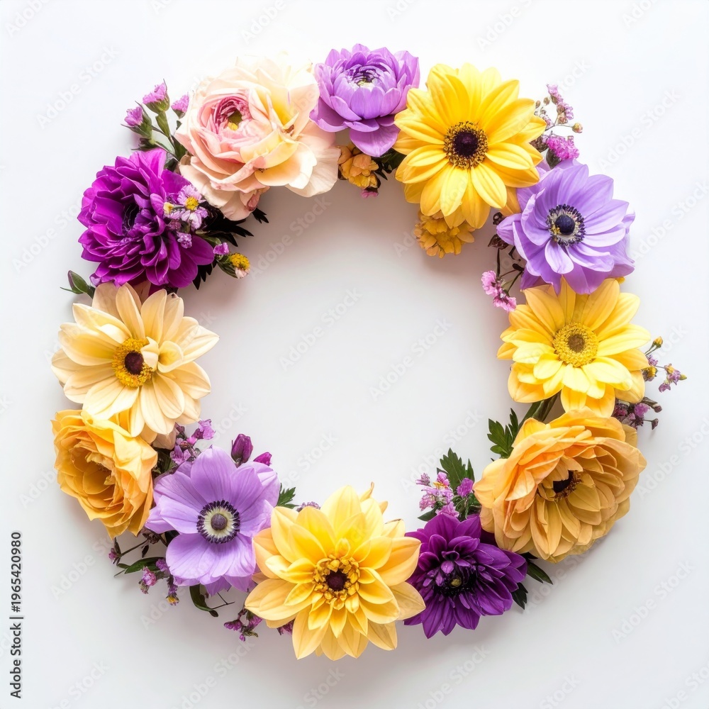 Fototapeta premium Floral Wreath with Yellow Purple and Peach Flowers on a White Background
