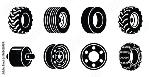 Industrial vehicle wheel types and heavy duty tire icons including tractor rims and snow chain wheels