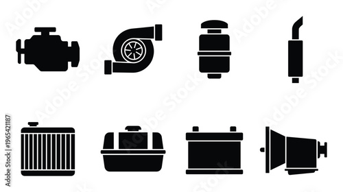 Internal combustion engine components and vehicle part icons including turbocharger radiator battery