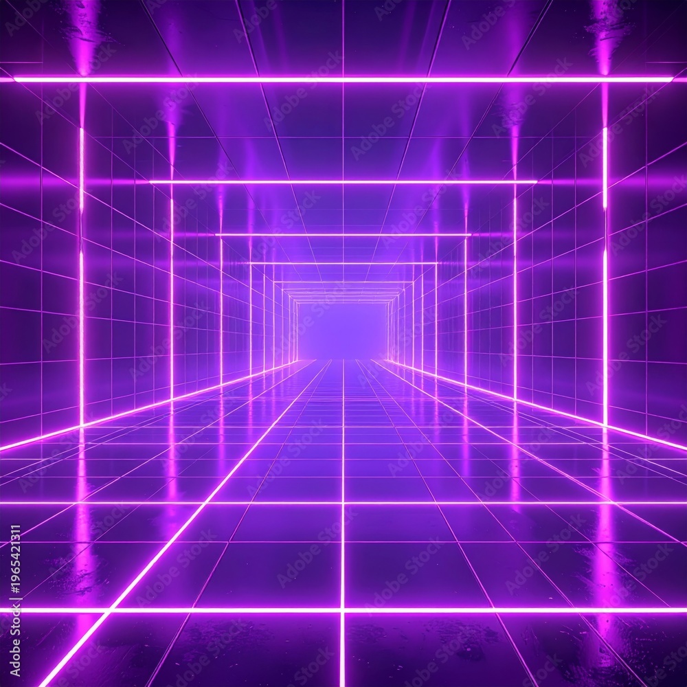 Obraz premium Glowing Purple Neon Rectangular Grid Tunnel Perspective with Diminishing Light