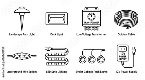 Low voltage landscape and cabinet lighting icons featuring path lights transformers and led strips