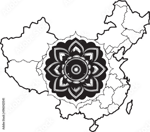A detailed black and white illustration of a traditional mandala overlayed on a map of China, symbolizing cultural richness and national identity