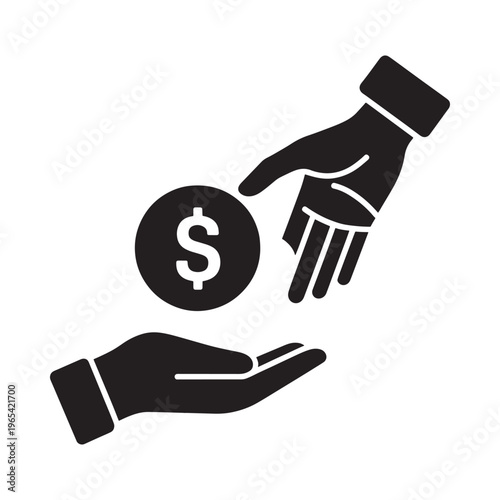 A black silhouette depicts a hand offering a dollar coin to another