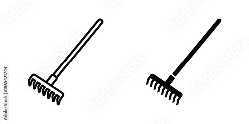 Two garden rakes positioned side by side on a plain background