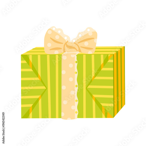Gift box isolated on white. Festive holiday surprise package in retro striped paper wrapping, tied vintage bow. Wrapped present for birthday party. Flat vector illustration for sticker, web, print