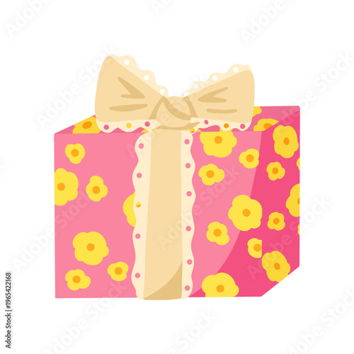 Cartoon gift box isolated on white. Festive holiday surprise package in retro paper wrapping with flowers, tied bow. Wrapped present for birthday party. Flat vector illustration for sticker, print