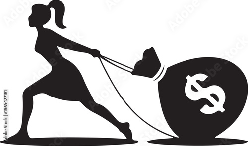 Silhouette of a woman pulling a large money bag with a dollar sign