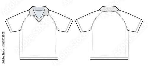 Sporty Raglan Sleeve Johnny Collar Polo T-Shirt Technical Fashion Illustration. Short Sleeve Collared Tee Vector Template. Front and Back View. Apparel CAD Mockup