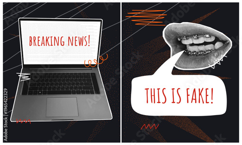 Creative illustration highlighting misinformation with a laptop showing breaking news and a speech bubble stating fake. Ideal for topics on media literacy, digital trust, and online misinformation