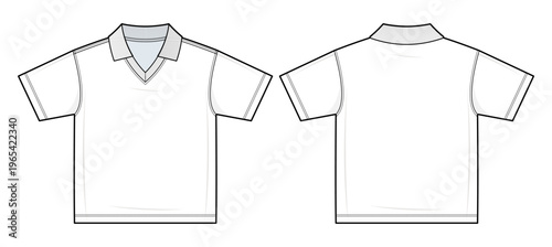 Johnny Collar Tee Technical Fashion Illustration. Short Sleeve Collared Tee with Standard Hem Vector Template. Front and Back View. Apparel CAD Mockup