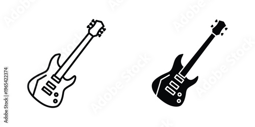 Two contrasting electric bass and guitar icons in black and white line art style