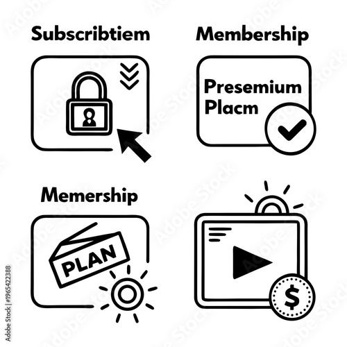 A vector graphic illustration of four membership icons representing subscription plans and services