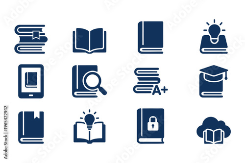 Education and Knowledge Icons: Books, Learning, Ideas, Graduation, Digital Literacy, Research, and Success Symbols, Book Icon, Lightbulb Icon, E Book