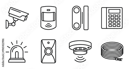 Security system icons set schematic symbols for alarm camera sensor and keypad devices