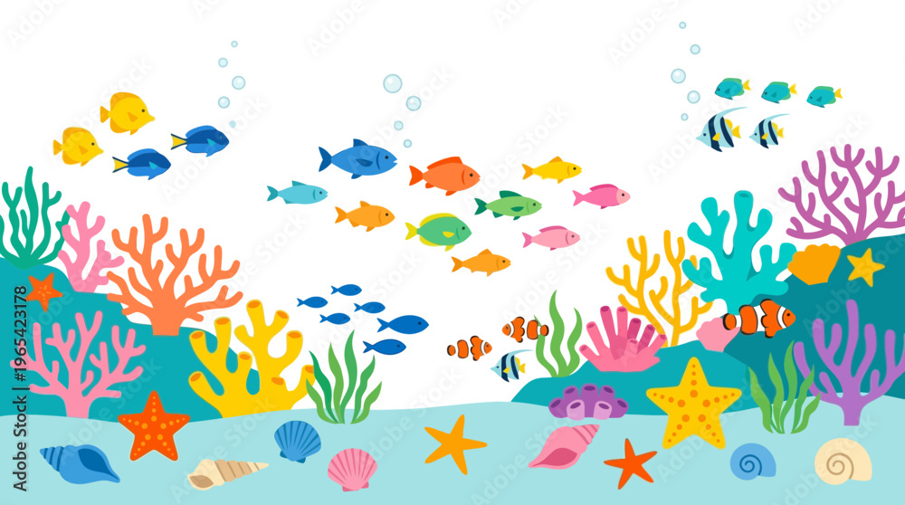 Fototapeta premium Vibrant underwater world teeming with colorful tropical fish swimming among diverse coral reefs and seashells, illustrating a lively marine ecosystem