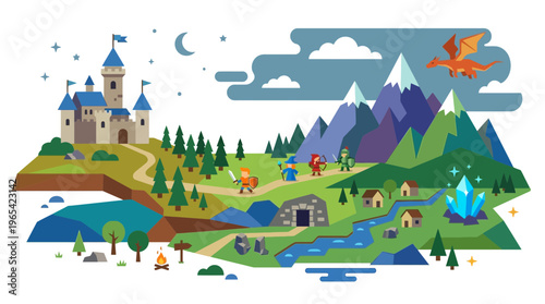 Vibrant fantasy world adventure illustration featuring a majestic castle, towering mountains, brave heroes on a perilous quest, a flying dragon, and a glowing mystical crystal