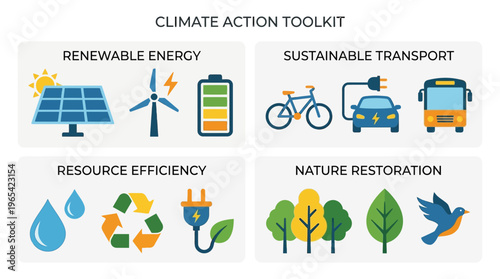 Comprehensive visual toolkit outlining key strategies and sustainable practices for mitigating climate change and promoting global environmental responsibility