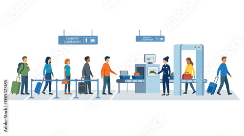 Travelers queueing at an airport security checkpoint, undergoing baggage screening and body scans with dedicated staff before boarding their international or domestic flights